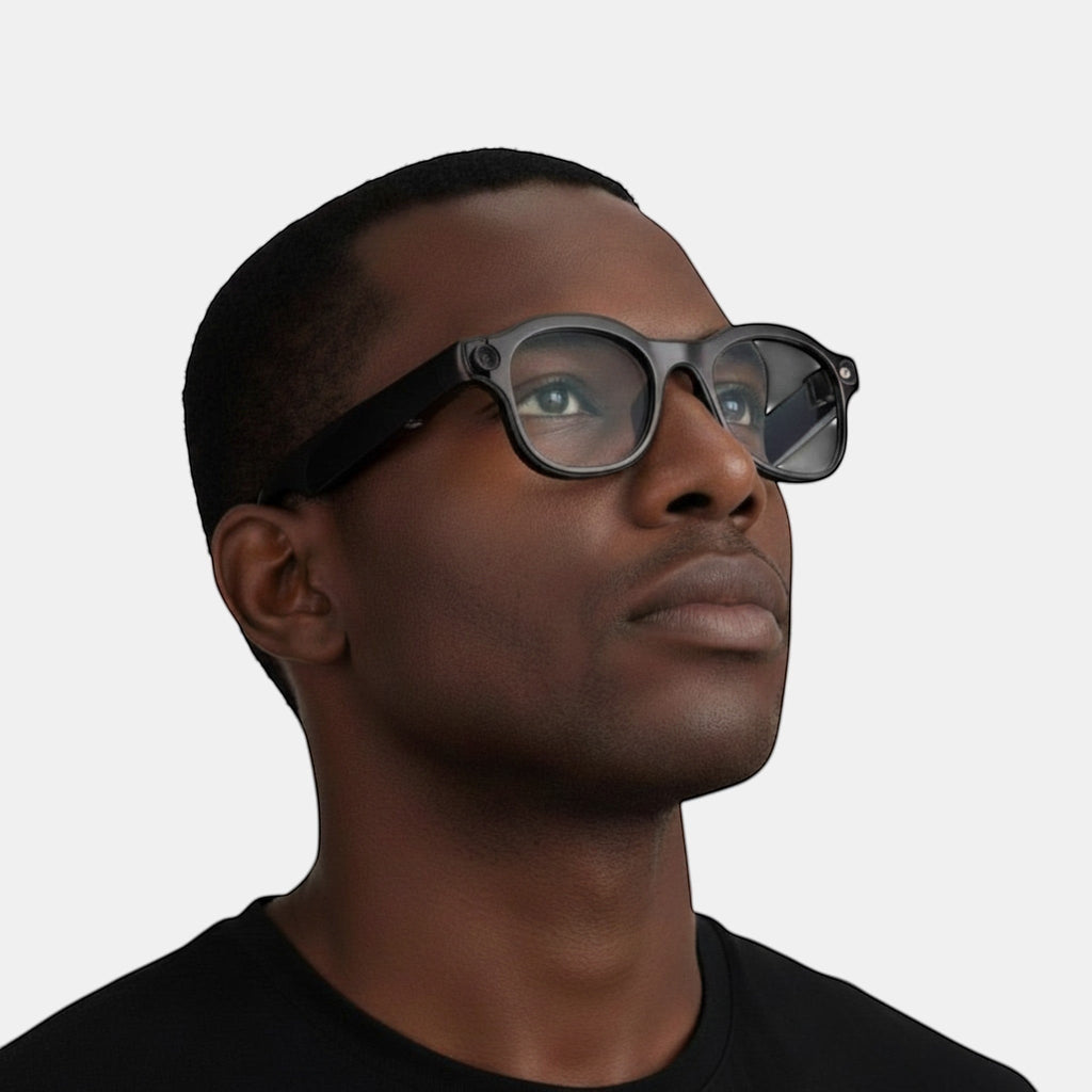 VAUCLIOR VC PRISM PRO smart glasses with open-ear audio and AI, featuring a black frame and 8MP camera.