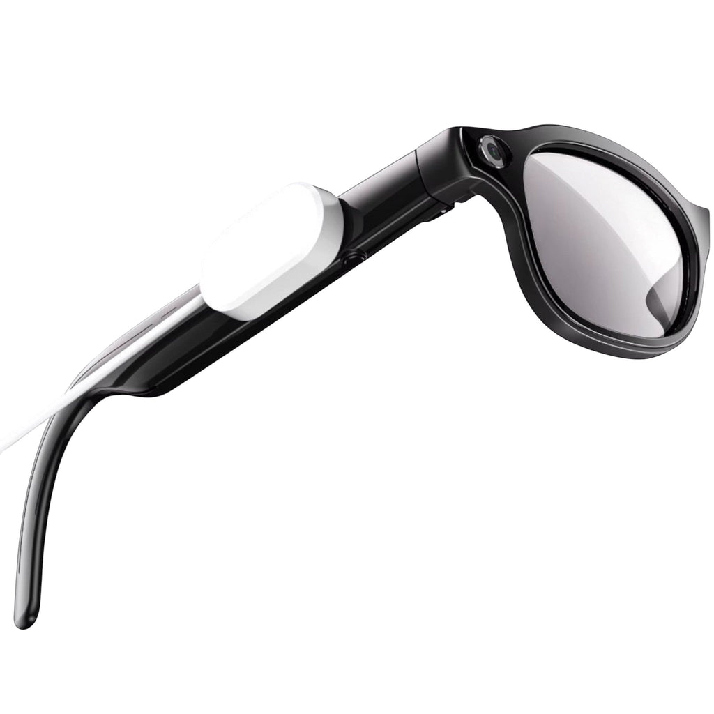 VAUCLIOR VC PRISM PRO smart glasses in black with an 8MP camera and charging cable attached.
