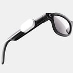 VAUCLIOR VC PRISM PRO smart glasses in black with an 8MP camera and charging cable attached.