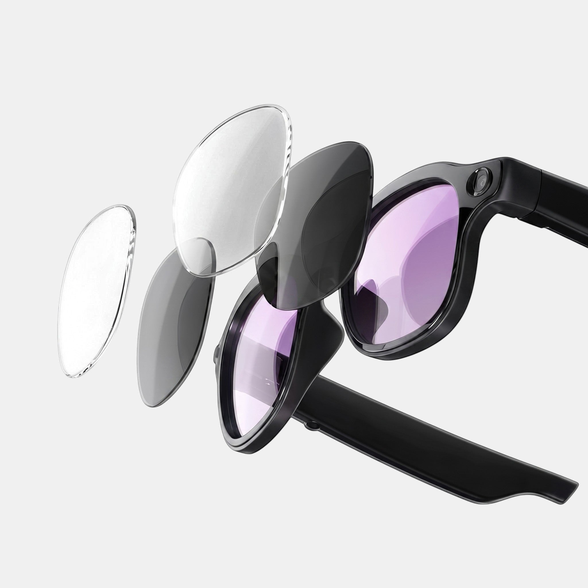 VAUCLIOR VC PRISM PRO smart glasses with layered lenses, black frame, and purple tint.