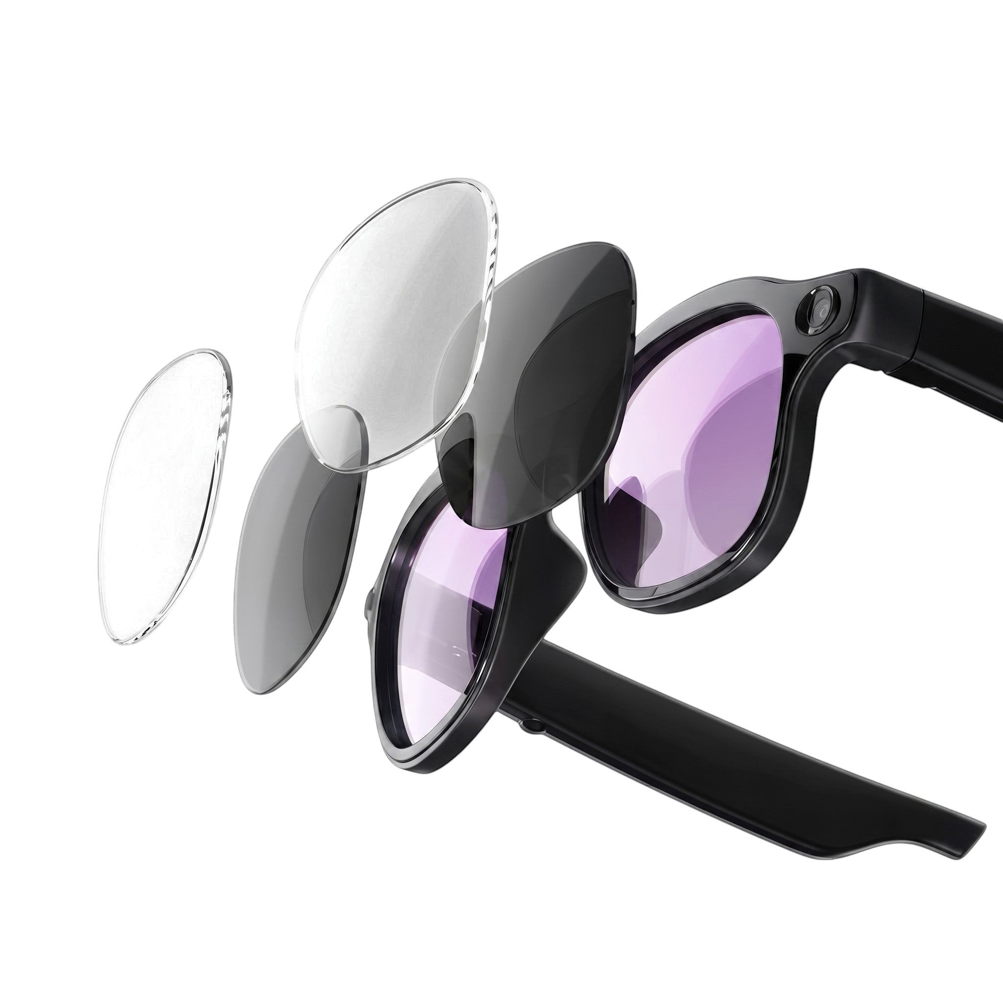 VAUCLIOR VC PRISM PRO smart glasses with layered lenses, black frame, and purple tint.