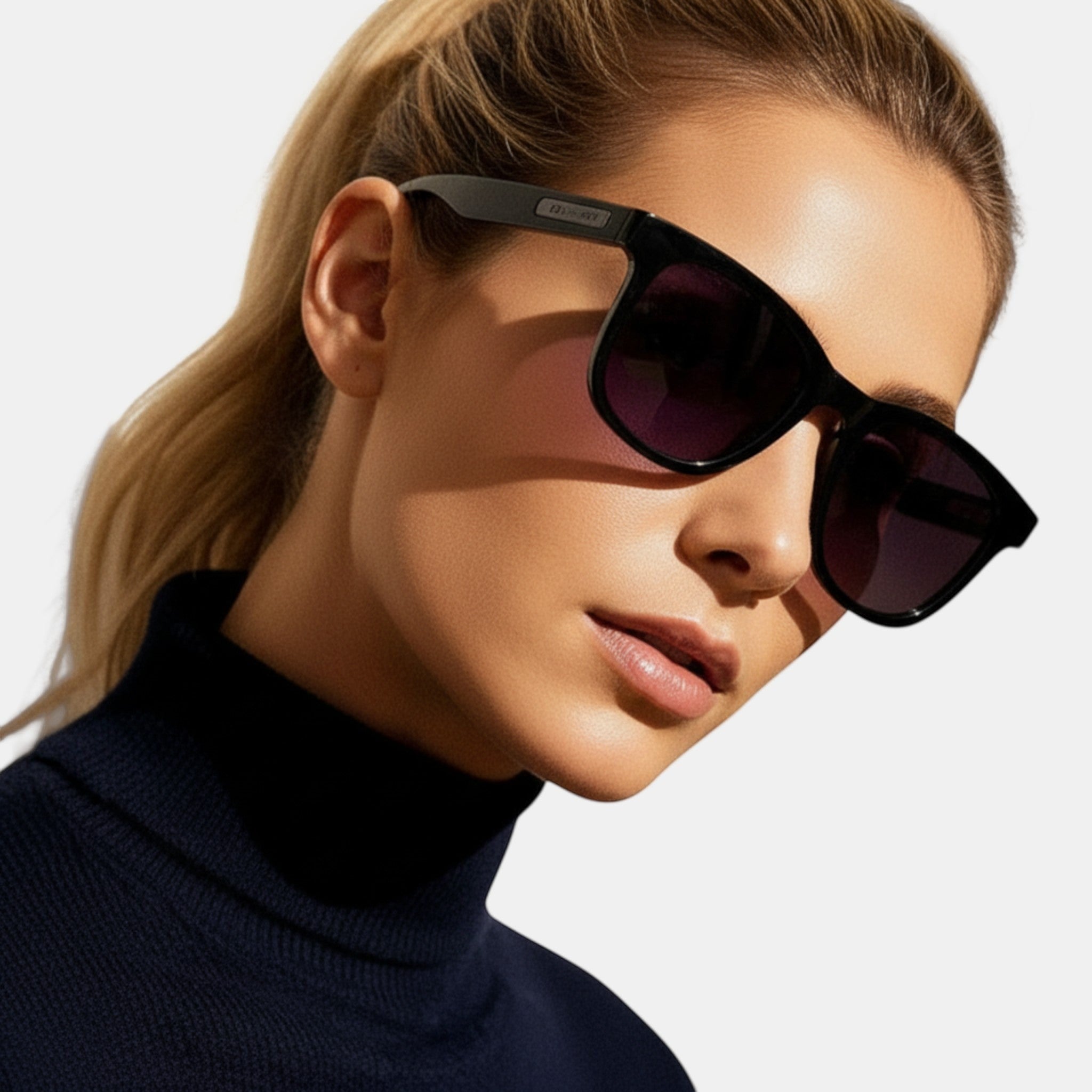 VAUCLIOR VC RAY MAX smart glasses with black frames and purple gradient lenses, featuring integrated camera and Bluetooth.