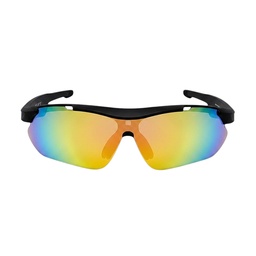 VAUCLIOR VC TITAN-SL black sports sunglasses with mirrored rainbow lenses and Bluetooth 5.4 connectivity.
