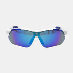 VAUCLIOR VC TITAN-SL white sports sunglasses with blue mirrored lenses and blue accents. Lightweight and UV400 protected.