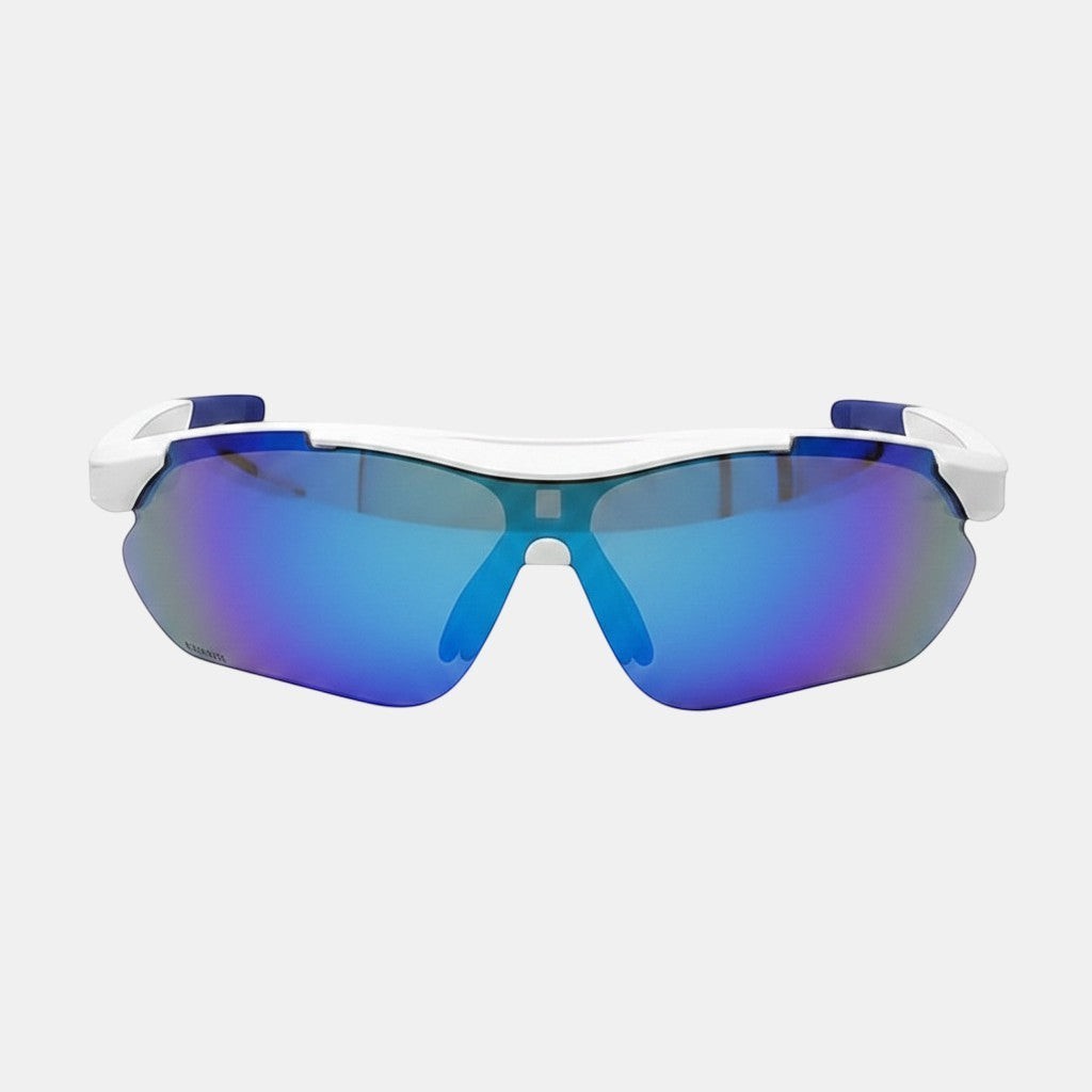 VAUCLIOR VC TITAN-SL white sports sunglasses with blue mirrored lenses and blue accents. Lightweight and UV400 protected.