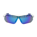 VAUCLIOR VC TITAN-SL white sports sunglasses with blue mirrored lenses and blue accents. Lightweight and UV400 protected.